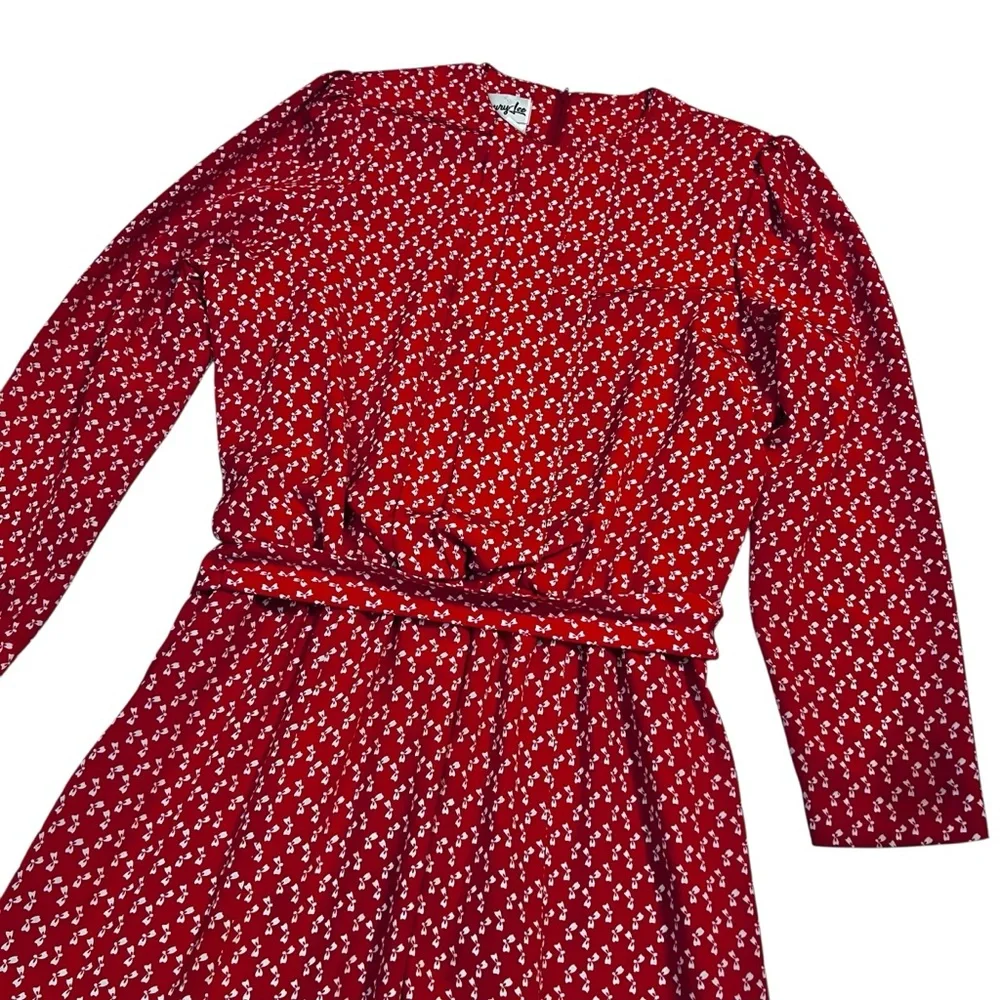 Henry Lee Vintage Red Bow Print Dress Union Made Size 14 Belted Full Skirt‎